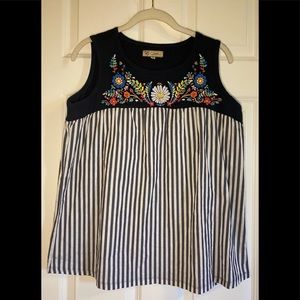 DG2 by Diane Gilman Black and White Striped Tank Top with Floral Embroidery